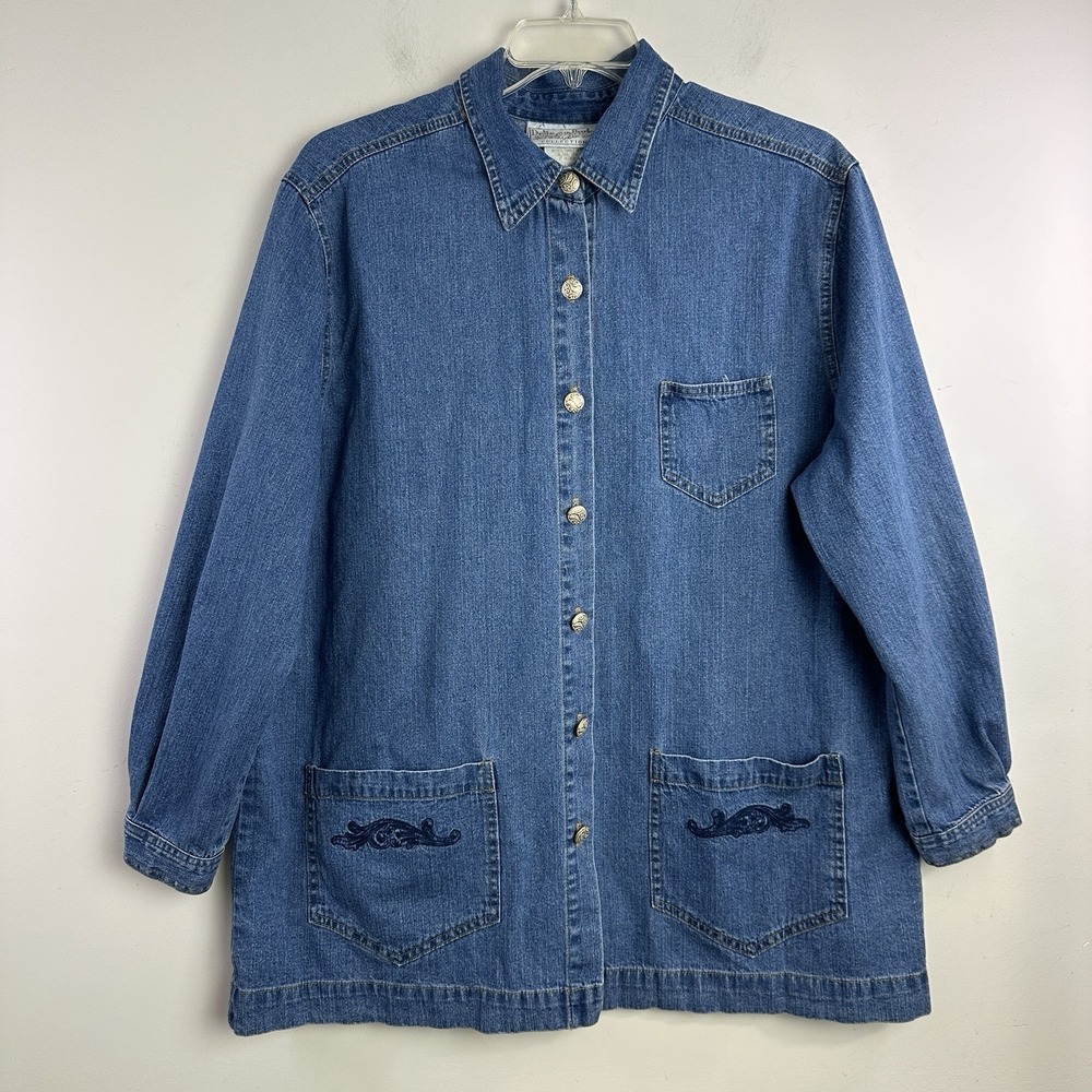 Delta Burke Button Up 16W Embroidered Denim Tunic Shirt 90s Boho Flower Shacket